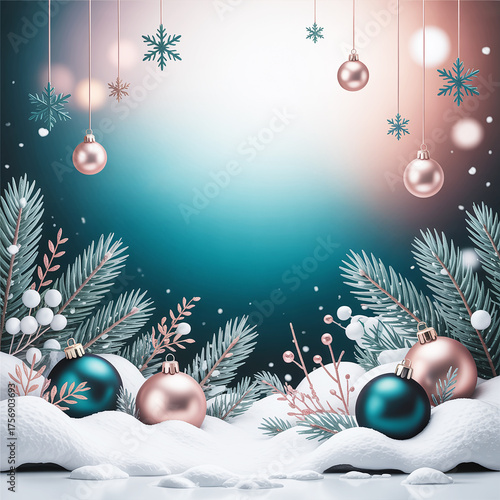 Teal Rose Gold Winter Holiday Background with Snow Ornaments