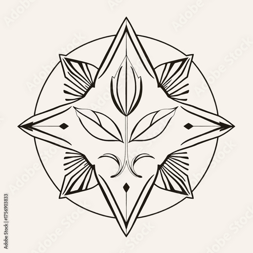 Stylized plant illustration with leaves and geometric shapes, enclosed in a circle, creating a symmetrical design.
