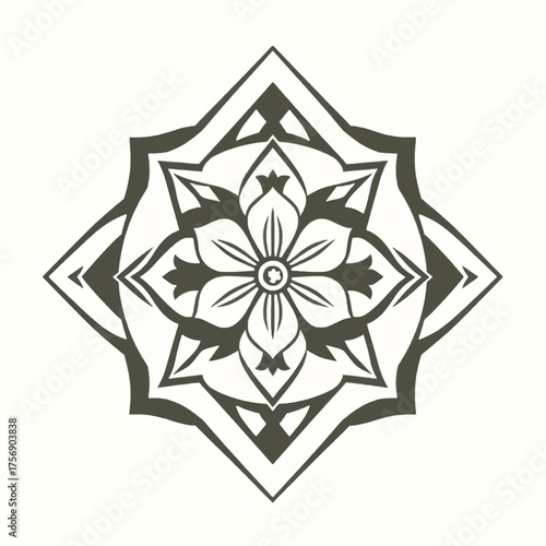 Symmetrical floral design with a central flower, enclosed in a geometric diamond shape, creating an elegant, decorative emblem.
