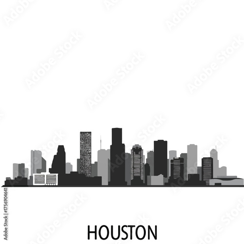 A realistic minimalist vector illustration of the iconic Houston, Texas skyline, showcasing modern skyscrapers against a clean, plain white background.