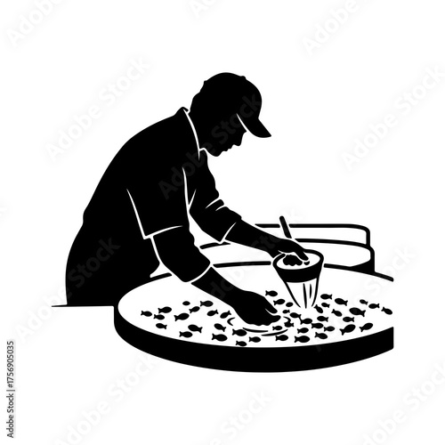 Fisherman sorting small fish with transparent background