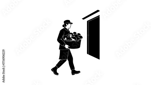 Delivery person carrying basket with transparent background