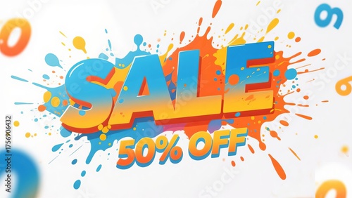 A vibrant sale advertisement featuring the words sale and fifty percent off on white background