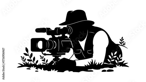 Filmmaker with camera in nature with transparent background