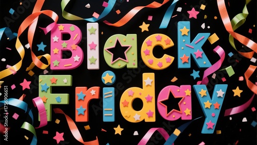 Black friday text with colorful stars and ribbons on a black background for promotion