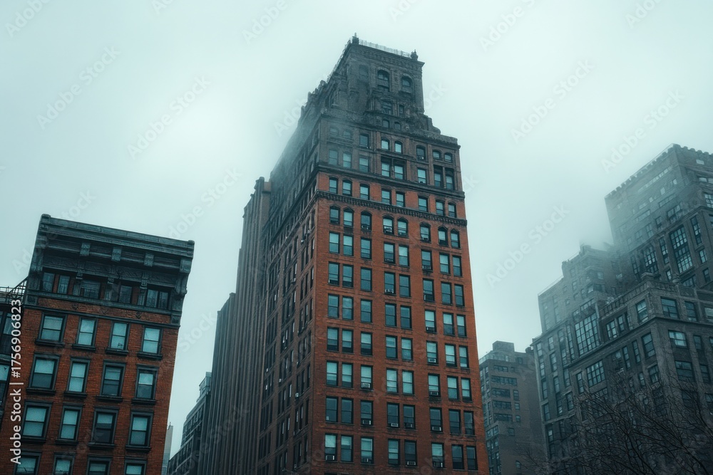 Naklejka premium Tall brick and stone buildings rising into foggy sky in an urban cityscape with a moody and atmospheric feel