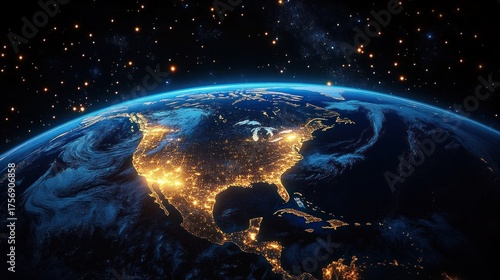 Nighttime view of North America from space showing illuminated cities and swirling cloud formations under a starry sky
