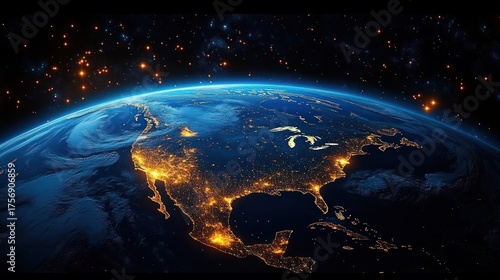 Nighttime view of North America from space with glowing city lights and a swirling weather system over the Pacific Ocean under a starry sky