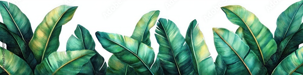 Obraz premium Various large tropical green leaves with detailed textures and shading arranged at the bottom against a clean white background