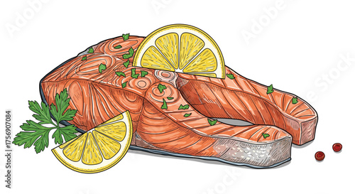 Healthy and Delicious Pan Seared Salmon Steaks with Fresh Lemon Slices and Parsley Garnish.