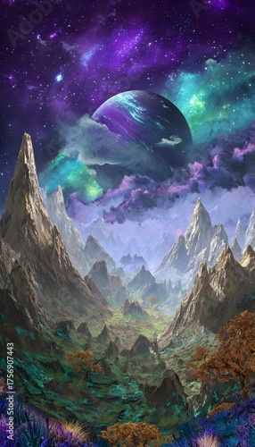 Mystical alien landscape with colorful gas planet rising above jagged mountains inspires creative concept art