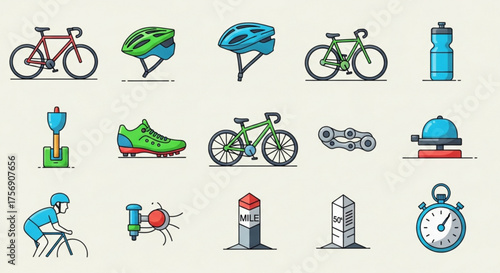 Collection of cycling icons showcasing various elements like bicycle, helmet, water bottle, shoe, and cyclist in a flat design style
