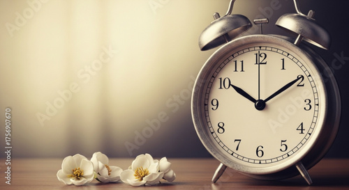 Vintage alarm clock with white flowers on a wooden table, creating a nostalgic and peaceful atmosphere with soft lighting and blurred background