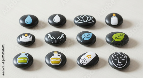 Collection of smooth black stones with wellness and spa icons, including water drop, lotus flower, candle, hands, leaf, oil bottle, towel, and face mask