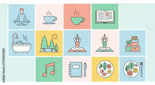 Collection of wellness and selfcare icons in pastel colors, including meditation, tea, book, bath, nature, yoga, music, journal, and healthy food