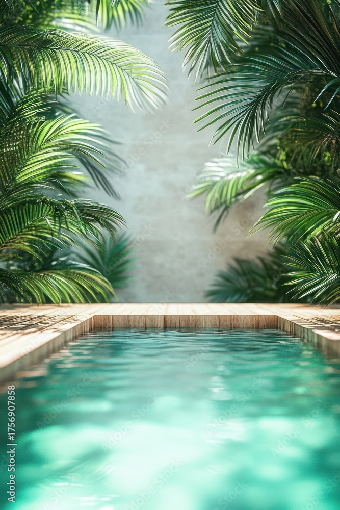 Fototapeta premium A serene swimming pool surrounded by lush green palm leaves with soft natural light creating a peaceful and tropical atmosphere