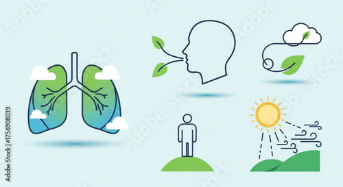 Illustration of lung health and environmental factors the image depicts lungs, a person breathing, and environmental elements