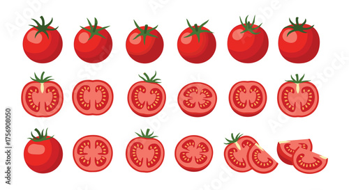 A collection of fresh ripe tomatoes and tomato slices displayed on a white background.