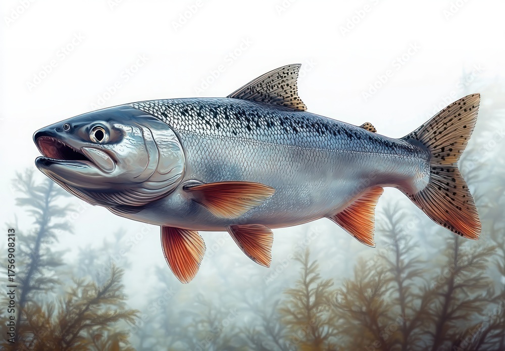 Fototapeta premium Detailed illustration of a silver fish with orange fins swimming above underwater plants in a misty aquatic environment