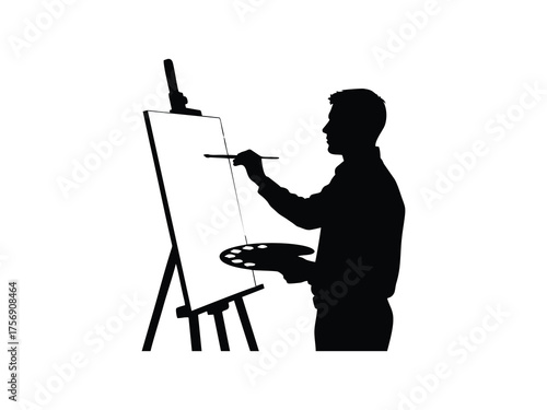 Silhouette vector of a person painting on canvas with a white background