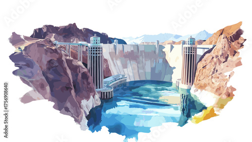 Hoover Dam. Hoover Dam hand drawn watercolor illustration