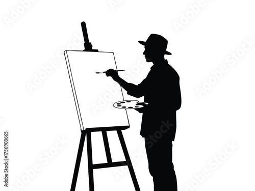 Silhouette vector of a person painting on canvas with a white background