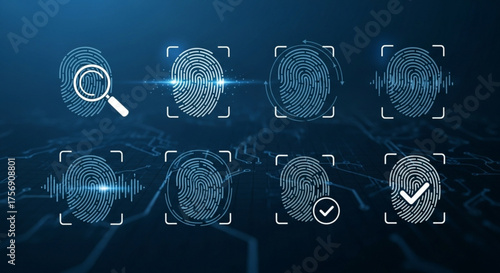 Fingerprint scan icons on blue background set of fingerprint identification and security symbols for biometric authentication system and technology