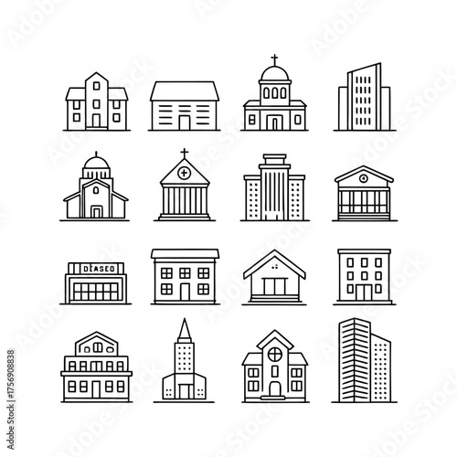 Collection of hand drawn building icons diverse architectural styles modern classic government commercial residential structures