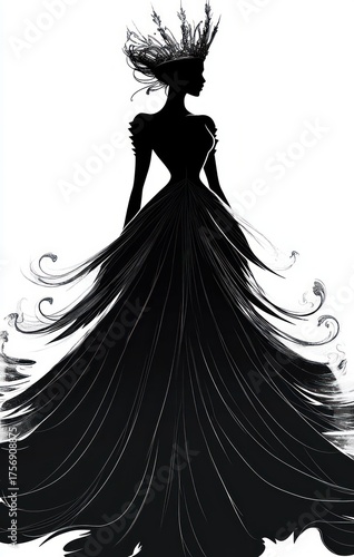 Elegant silhouette of a woman wearing a long flowing dress with intricate swirling patterns and a tall ornate crown, exuding grace and mystery
