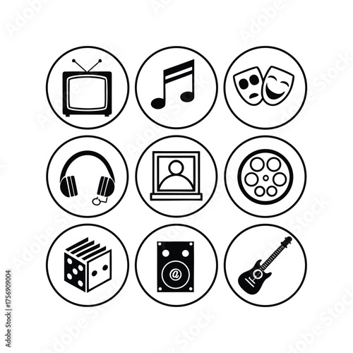 Diverse set of entertainment and media icons in circular frames for digital design projects