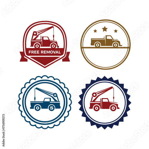 Towing and recovery service emblems featuring classic pickup trucks and crane equipment