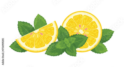Refreshing slices of lemon with fresh green mint leaves for a bright and zesty culinary delight.