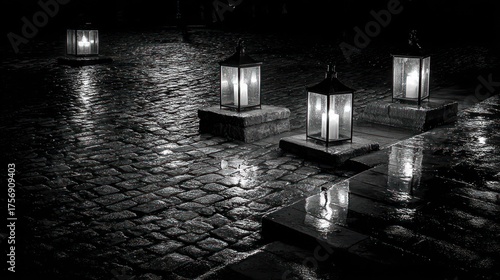 Four illuminated lanterns stand on wet cobblestones at night, their light reflecting in puddles, creating a serene, moody atmosphere