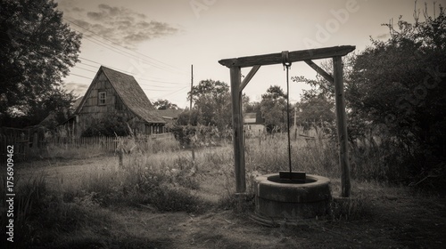 Sepia-toned photograph of a rustic well in a rural landscape, with a weathered barn in the background under a muted sky