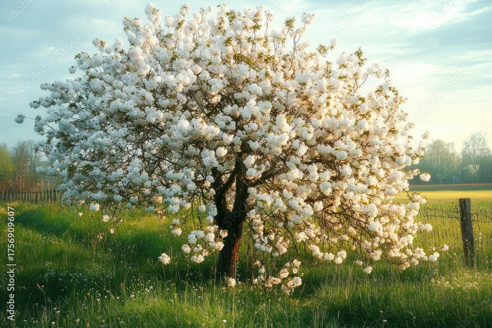 Obraz premium A lush tree covered in abundant white blossoms standing in a green meadow under soft sunlight with a peaceful rural fence and misty background