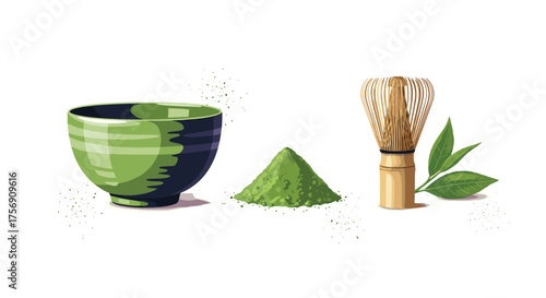 The preparation of traditional Japanese matcha tea with a whisk and bowl.