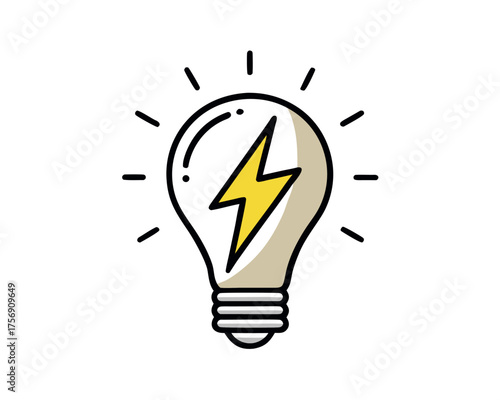 A light bulb with a lightning bolt isolated on white background represents idea