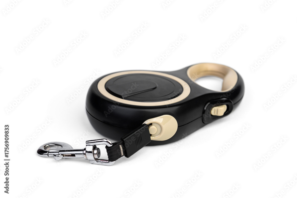 Obraz premium Black leash roulette for dog isolated on white background.