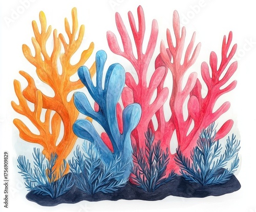 Colorful underwater coral reef scene with blue, orange, and red coral formations surrounded by smaller blue seaweed on a dark seabed