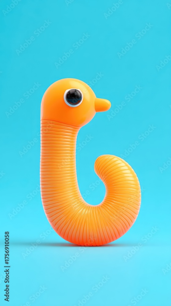 Fototapeta premium Orange toy worm with a bird head on a blue background.