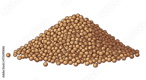 A heap of tiny brown seeds forming a conical pile on a white background.