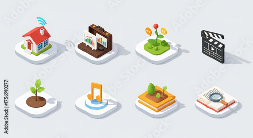 Isometric icons featuring a house, presentation, plant, movie clapper, sprout, music note, garden, and book with magnifying glass on a light gray background
