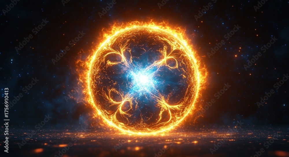 Fototapeta premium Bright glowing fiery circular shape with intricate electric patterns and a radiant blue core on a dark starry background