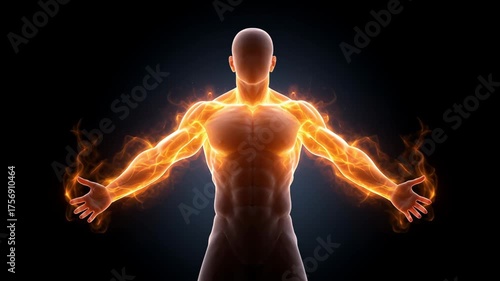 A digital graphic of a human body glowing with vibrant energy lines representing metabolism and fat burning inside the body.