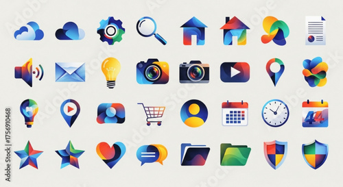 Collection of colorful gradient icons for web and mobile design includes cloud, gear, magnifier, home, document, speaker, email, bulb, camera, video, map pin, and more
