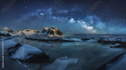 Arctic winter nightscape serene snowy mountains under a vibrant galactic sky evoke tranquil magic