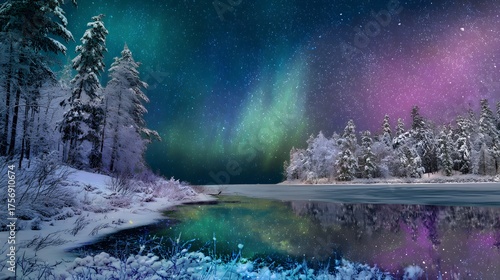 Enchanting winter aurora illuminates serene lake reflecting vibrant northern lights display