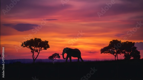Serene savanna sunset a solitary elephant silhouette captures peaceful African evening light