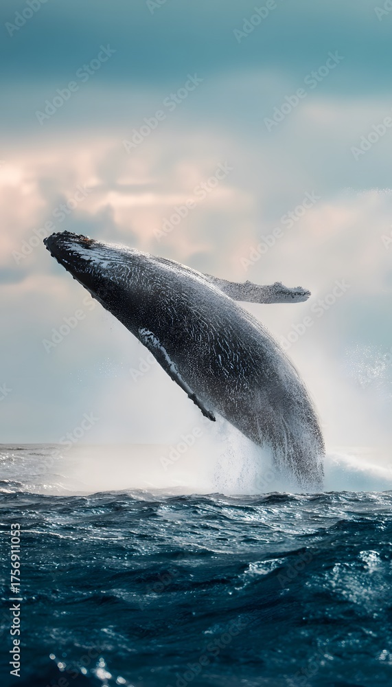 Fototapeta premium Majestic humpback whale breaches ocean waves bathed in soft sunlight a breathtaking marine display