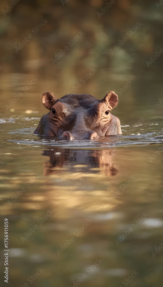 Fototapeta premium Serene hippo floats peacefully on African river water bathed in warm sunlight reflections
